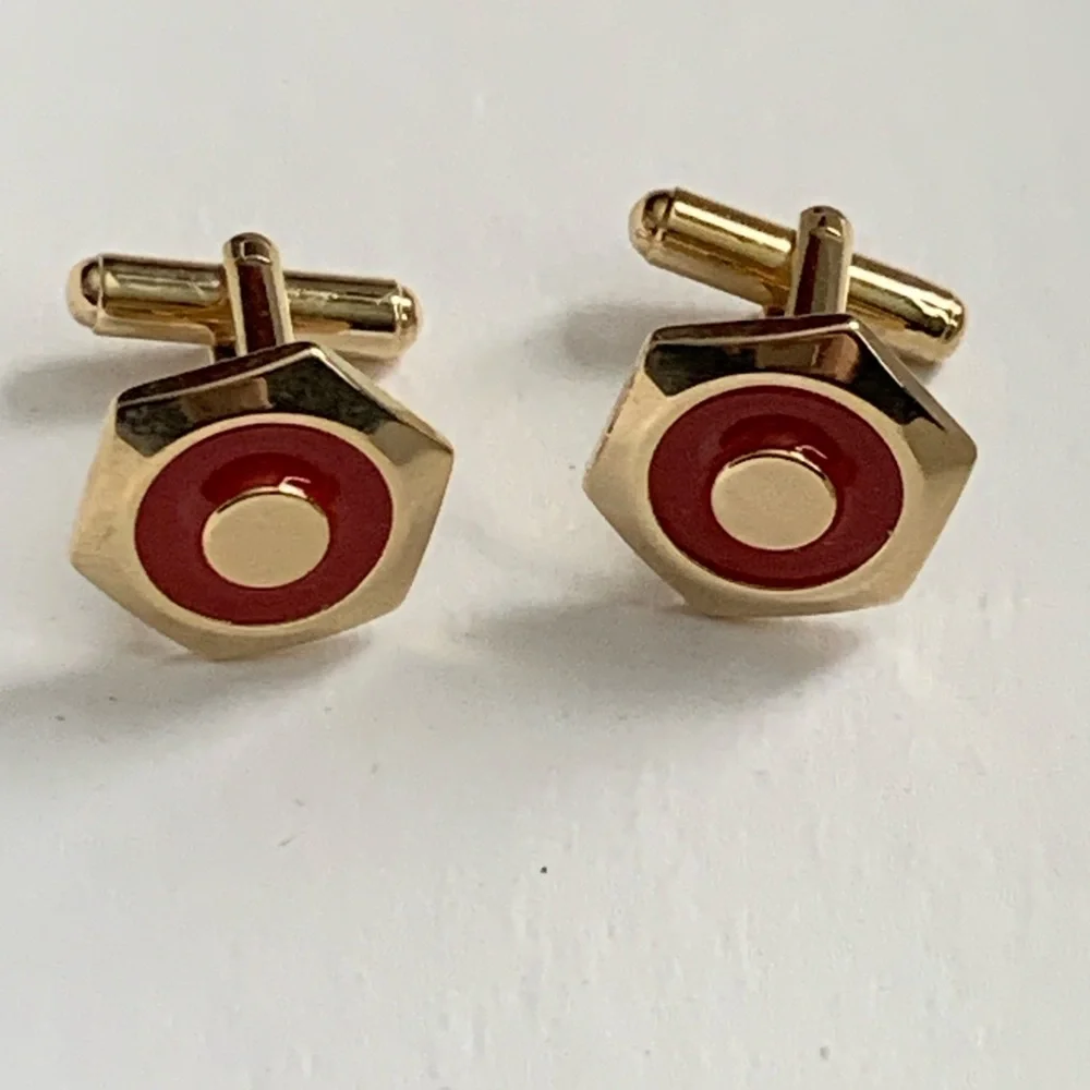 Vintage Gold Tone & Red Enamel Hexagon Cufflinks — Bold Mod Style